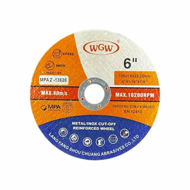 WGW Disco de corte para metal de larga duración, 150 mm x 1,6 x 22,23 mm, 80 m/s, amoladora angular portátil con certificación MPA ISO9001 de alta dureza 