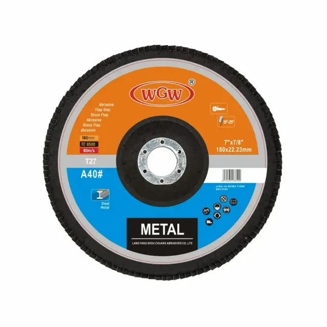 WGW T27 7 pulgadas 180 × 22 mm Disco de aleta de óxido de aluminio Rueda abrasiva de alta dureza para amoladora angular de metal de acero inoxidable Certificado ISO9001 MPA 